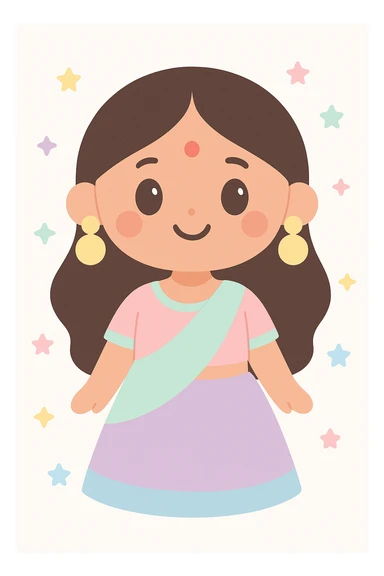 Indian girl smiling, wearing traditional attire with bindi, lehenga, and large earrings, festive and colorful sticker