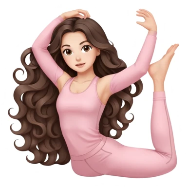 beautiful brunette with a light balayage white girl with nice defined and long curls , very long hair, clean girl makeup STRETCHING HER BODY IN LIGHT PINK GYM sticker