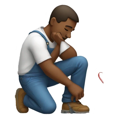 A man  kneeling and crying while trying to repair his girlfriend's broken heart. The heart should be depicted as a broken emoji heart, emphasizing the emotional scene. sticker