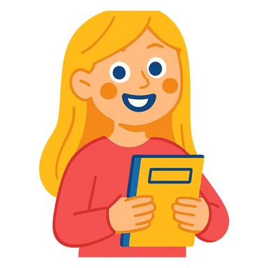 A blonde girl wearing a pink sweater, holding a notebook in her hands, smiling sticker