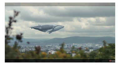A cinemaatic still of a city, blurred plants in the foreground, huge whales fly above city sky, rolling hills in the background, cinematic depth of field, layered composition, natural lighting sticker