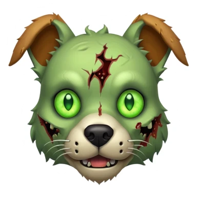 zombie dog portrait, head and shoulders only, torn fur, glowing green eyes, stitched face details, spooky but cute, 3D cartoon, mobile game icon style, clean background, no text, no watermark
 sticker