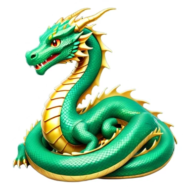 cinematic-noble-dragon-full body-emoji,-poised-and-majestic,-with-a-sinuous,-elongated-build-and-shimmering,-scale-covered-skin-in-hues-of-emerald-and-gold,-piercing,-fiery-eyes,-simplified-yet-sharp-and-sophisticated-features,-highly-detailed, zoomed out showing the serpentine body sticker