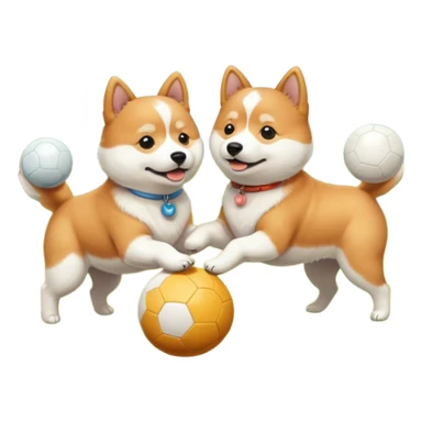 2 dogs, one ginger shiba inu and one white coton de tulear, playing with a ball in a sunny garden sticker