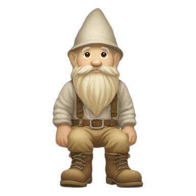 side view of gnome with light tan pants and light tan boots squatting in front of small dirt pile sticker