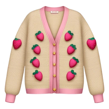 beige crocheted cardigan embroidered with small pink strawberries sticker