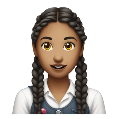 This image is a young woman. She has long, dark hair styled in two braids, one over each shoulder. A white lollipop stick is hanging out of the right side of her mouth, with the candy part out of view. She is wearing a white shirt sticker