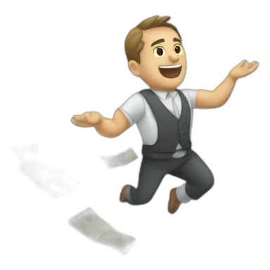 trader wearing a suita lot of money flying arround him  sticker