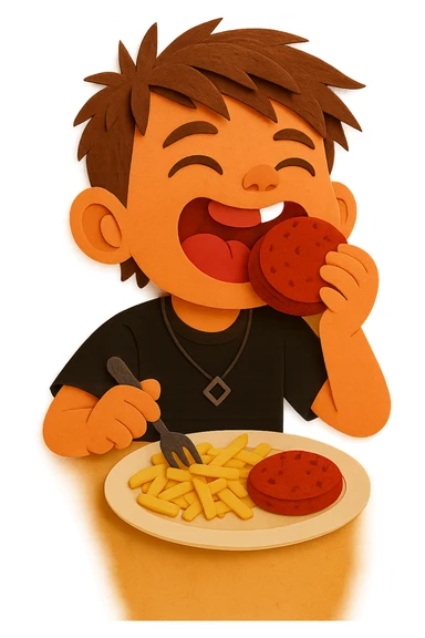 The same boy is now greedily chewing the meat patty, clearly enjoying it sticker