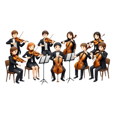 Icon for Classical Music: chamber orchestra with 4-5 musicians playing string instruments (violins, violas, cellos) and a conductor leading the ensemble. The intimate, refined atmosphere. Transparent background. sticker