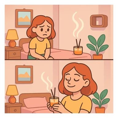 a girl in a bedroom, looking sad, then smelling a scent like from a candle or diffuser, her mood changing to relaxed, pastel toon style sticker