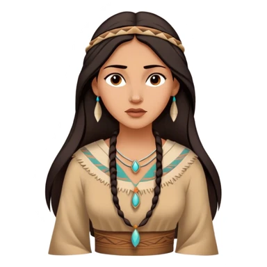 Cinematic Timeless Pocahontas Portrait Emoji, rendered in a realistic, vector style. Depict Pocahontas with warm, glowing skin, naturally flowing dark hair, and a serene, gentle expression, wearing traditional garments in muted earth tones. The design features bold, clean proportions, a soft, inviting glow, and a subtle glowing outline that captures her enduring natural beauty. sticker