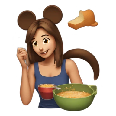 Woman medium brown half tail hair,eating A pot of spread,  with mickey mouse ears, near to a cat sticker