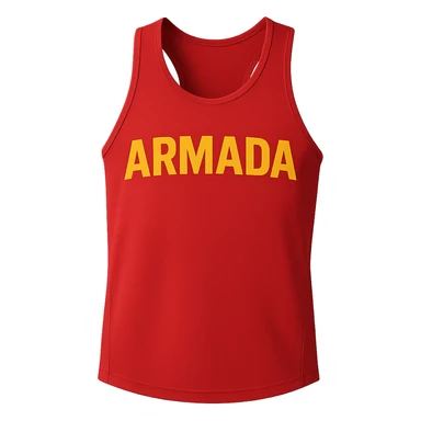 red singlet jersey with the word 'Armada' in clear bold yellow text, sporty design sticker