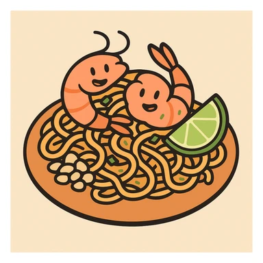 pad thai, flat icon, simple, noodles, shrimp, lime wedge, minimal color sticker