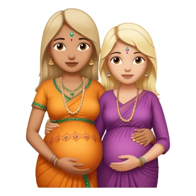 pregnant Indian woman with bindi, peaceful look, holding hands with a blonde white partner sticker