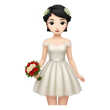 Chica blanca,cuerpo entero, vestido boda corto, pelo negro,   1 ramo de flores , pelo recogido sticker