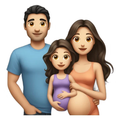 dad with black hair, pregnant mum with long brown hair, baby girl with light brown hair sticker