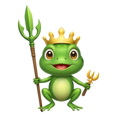 Create a cute frog emoji holding a small Ukrainian trident (tryzub), with a happy expression, in a cartoon style. sticker