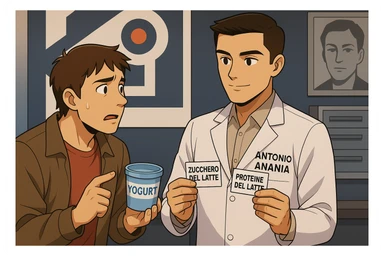 fai un webtoon manga a colori con questo stile, in cui un uomo ASCOLTA Il kinesiologo con il camice bianco (fagli anche la scritta "ANTONIO ANANIA" SUL CAMICE, IL KINESIOLOGO SPIEGA ALL'UOMO UNA COSA TENENDO DUE FOGLIETTINI IN MANO, UNO CON LA SCRITTA "ZUCCHERO DEL LATTE" E UNA CON LA SCRITTA "PROTEINE DEL LATTE". L'UOMO OSSERVA LO YOGURT CHE HA IN MANO CON ESPRESSIONE DUBBIOSA IN VOLTO. non fare i fumetti però, fai solo in modo che sembri stiano parlando sticker