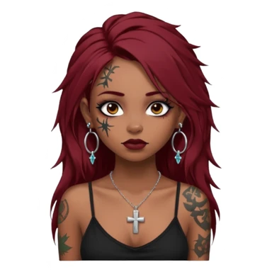 generate an ios genmoji of a dusky girl with long dark red messy hair with eyeliner on her eyes. septum piercing, wearing a cami black top, has tattoos, on shoulders. ear piercings. wearing a cross silver necklace. 


no tattoos on face sticker