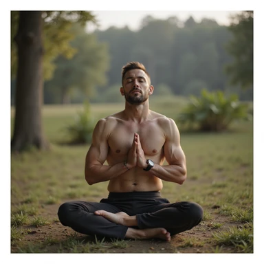 vertical photograph of a man practicing fasting to regenerate the body, serene atmosphere, man meditating in natural environment, soft light, realistic style sticker