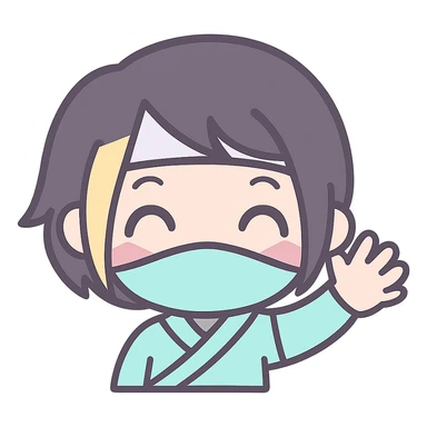 Make the art style more anime: kawaii chibi ninja girl with black short hair and a blonde streak, only head and arms, big sparkling anime eyes, rounder face, small mouth, soft shading, pastel colors, clean outlines, transparent background, no mask, hand fully raised, waving, eyes closed in a happy expression, sized for Twitch emoji use. sticker