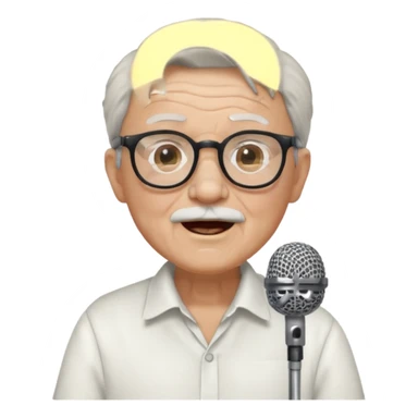 singer, Old man, singing to mic, white shirt glasses sticker