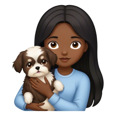A girl with black long hair and dark brown with , holding her shitzu dog creamy color sticker