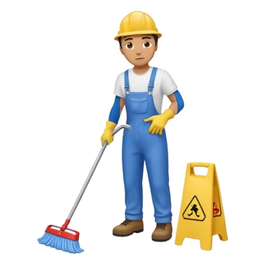 Custodian with yellow rubber gloves, white T-shirt, blue overalls, mopping floor sticker