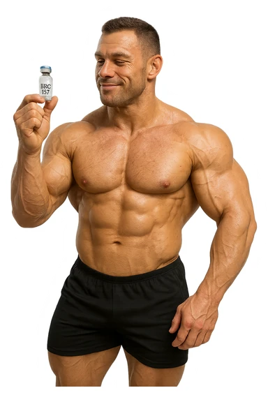 BODYBUILDER A FIGURA INTERA CHE TIENE IN MANO UNA FIALA MEDICA CON la scritta "BPC 157" SULL'ETICHETTA E LA GUARDA SODDISFATTO, iperrealistico 4k sticker