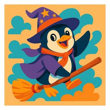 a playful penguin wizard flying on a broomstick, with a whimsical expression, vibrant fun style sticker