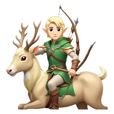 clash-of-clans-aesthetic-blond-male elf-archer-portrait-emoji, rendered in a flat, vector-style with minimal shading and bold, simplified shapes, head tilted slightly forward with a determined, focused expression, riding a majestic white stag whose antlers glow with mystical energy, set against an ancient, enchanted forest backdrop. sticker