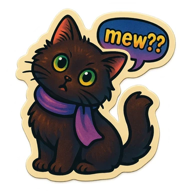 Fluffy cute curious confused dark-brown cat with green eyes and a purple scarf saying ‘mew??’ with a tilted head (With a speech bubble) sticker