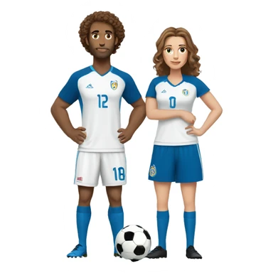 A white soccer player in a blue jersey with brown curly hair with his shorter long brown haired wife standing next to each other sticker
