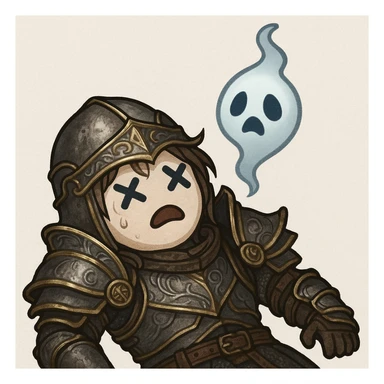 Black Desert Online themed emoji showing a defeated or fainted character, referencing the game's art style, with X eyes or a ghostly spirit rising sticker