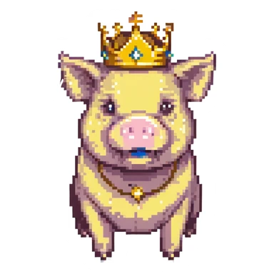 a pig with a golden crown, pixel art style, facing forward sticker