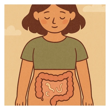 simple infographic style stylized female body section, intestine with few parasites represented as transparent icons, pastel colors, clean and educational atmosphere, 4K resolution sticker