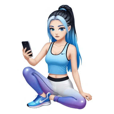 Shameful-Female-very very very large chest-texting on a samsung cell phone-very long straight braided black to sky blue hair ombre-blue eyes-black eyeliner-long eyelashes-iridescent low cut tank top with glitte logo-white leggings-nike high top sneakers sticker