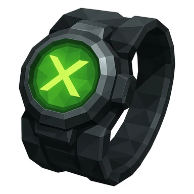 sci-fi alien wrist device, black with metallic silver, neon green glowing circular screen at center, unique alien symbol like double-headed arrow or X-shape, screen illuminated, advanced and durable, space lab technology, polygonal low-poly style sticker