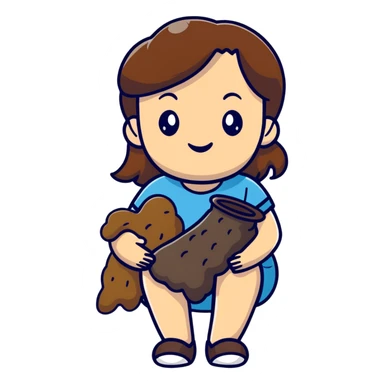 White girl with brown hair holding poop sticker