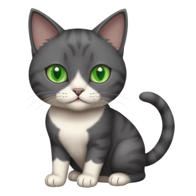 beautiful female solid dark grey cat with green eyes, white toes/paws and white patch on her chest playing sticker