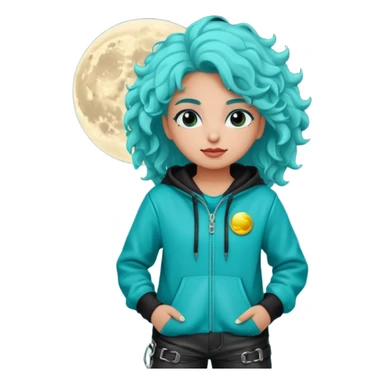 chica,pelirroja pelo rizado con poderes de la luna con un buzo turquesa con negro y unas botas de cuero sticker
