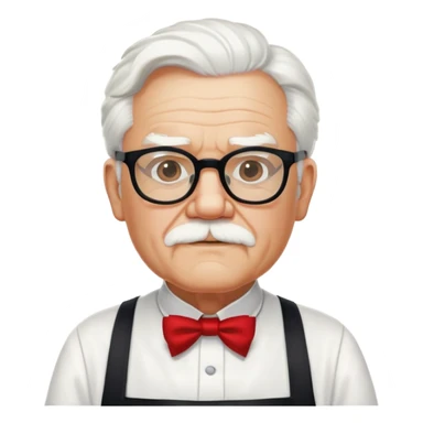 Colonel Sanders KFC, old man with white hair and white goatee, wearing black square glasses, white T-shirt and red apron sticker