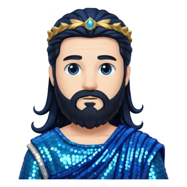 Neptune from Roman Deities with long black hair and beard, blue sequin toga sticker
