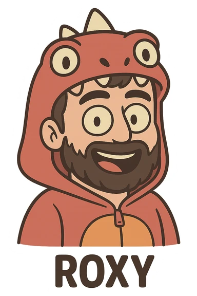 cartoon face of Roxy, red dinosaur onesie hood, dark hair, beard, same expression, same line style sticker