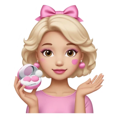 female face, light skin tone, small simple closed smile. One hand visible holding a round fluffy pink makeup powder puff pressed to the cheek; the puff has a small satin bow. sticker