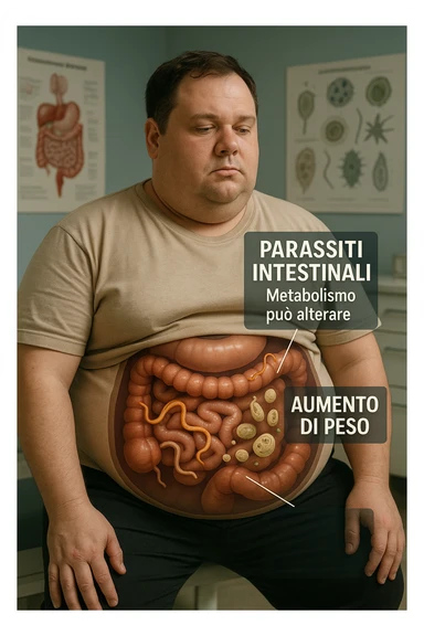 cinematic photo an overweight man is shown with a semi-transparent abdomen, highlighting the intestines filled with various types of parasites (such as worms or protozoa). Educational callouts explain how these parasites can disrupt metabolism and contribute to weight gain. The setting is a medical office, with charts and diagrams in the background. in italiano sticker