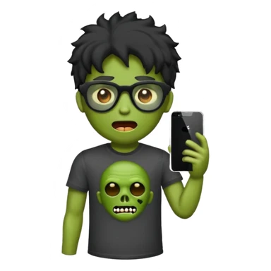Crie um zumbi estilo emoji do iPhone com cabelo ondulado grande preto com camiseta preta e óculos de grau preto sticker