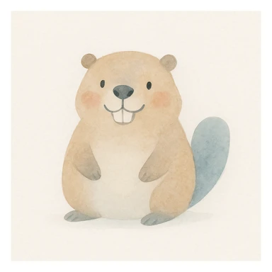 cute friendly beaver character, bright expression, round body, emphasized front teeth, watercolor style sticker